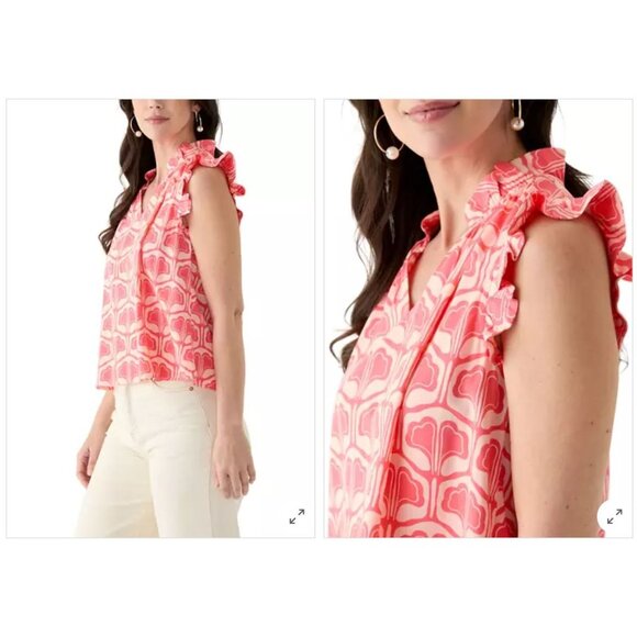 NWT Crown & Ivy Coral Ginko Printed V-Neck Ruffle Sleeve Blouse Size Large - Picture 2 of 3
